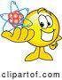 Vector Illustration of a Cartoon Smiley Mascot Holding an Atom by Mascot Junction