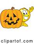 Vector Illustration of a Cartoon Smiley Mascot with a Halloween Pumpkin by Mascot Junction