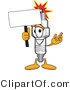 Vector Illustration of a Cartoon Spark Plug Mascot Waving a Blank White Sign by Mascot Junction