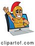 Vector Illustration of a Cartoon Spartan Warrior Mascot Emerging from a Computer Screen by Mascot Junction