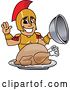 Vector Illustration of a Cartoon Spartan Warrior Mascot Serving a Thanksgiving Turkey by Mascot Junction