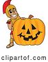 Vector Illustration of a Cartoon Spartan Warrior Mascot with a Halloween Pumpkin by Mascot Junction