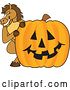 Vector Illustration of a Cartoon Stallion School Mascot Looking Around a Halloween Jackolantern Pumpkin by Mascot Junction