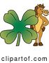 Vector Illustration of a Cartoon Stallion School Mascot Posing with a Giant Lucky Four Leaf St Patricks Day Clover by Mascot Junction