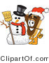 Vector Illustration of a Cartoon Steak Mascot Wearing a Santa Hat and Standing with a Snowman by Mascot Junction