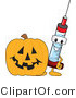 Vector Illustration of a Cartoon Syringe Mascot by a Halloween Pumpkin by Mascot Junction