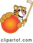 Vector Illustration of a Cartoon Tiger Cub Mascot Grabbing a Hockey Ball and Holding a Stick by Mascot Junction