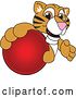 Vector Illustration of a Cartoon Tiger Cub Mascot Grabbing a Red Ball by Mascot Junction