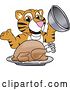 Vector Illustration of a Cartoon Tiger Cub Mascot Serving a Thanksgiving Turkey by Mascot Junction