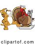 Vector Illustration of a Cartoon Tiger Cub Mascot Stepping on a Scale While a Turkey Weighs Himself by Mascot Junction