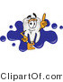 Vector Illustration of a Cartoon Tooth Mascot Pointing up and Standing in Front of a Blue Paint Splatter on a Business Logo by Mascot Junction