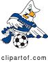 Vector Illustration of a Cartoon Tough Seahawk Sports Mascot Playing Soccer by Mascot Junction