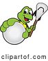 Vector Illustration of a Cartoon Turtle Mascot Holding out a Lacrosse Ball and Stick by Mascot Junction