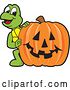 Vector Illustration of a Cartoon Turtle Mascot Looking Around a Halloween Jackolantern Pumpkin by Mascot Junction