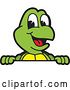 Vector Illustration of a Cartoon Turtle Mascot Smiling over a Sign by Mascot Junction