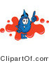 Vector Illustration of a Cartoon Water Drop Mascot Pointing up and Standing in Front of a Red Paint Splatter on a Business Logo by Mascot Junction