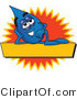 Vector Illustration of a Cartoon Water Drop Mascot Reclining over a Yellow Banner with an Orange Burst by Mascot Junction
