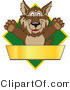 Vector Illustration of a Cartoon Wolf Mascot over a Green Diamond and Blank Gold Banner by Mascot Junction