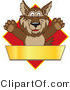 Vector Illustration of a Cartoon Wolf Mascot over a Red Diamond and Blank Gold Banner by Mascot Junction