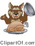 Vector Illustration of a Cartoon Wolf Mascot Serving a Thanksgiving Turkey by Mascot Junction