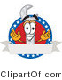 Vector Illustration of a Cartoon Wrench Mascot over a Blank White Banner on an American Themed Business Logo by Mascot Junction