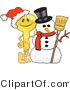 Vector Illustration of a Gold Cartoon Key Mascot by a Snowman by Mascot Junction