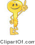 Vector Illustration of a Gold Cartoon Key Mascot Pointing Upwards by Mascot Junction