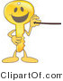 Vector Illustration of a Gold Cartoon Key Mascot Using a Pointer Stick by Mascot Junction