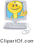 Vector Illustration of a Gold Cartoon Key Mascot Waving in a Computer Screen by Mascot Junction