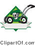 Vector Illustration of a Green Cartoon Lawn Mower Mascot Chewing Grass on a Blank Ribbon Label by Toons4Biz