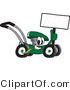 Vector Illustration of a Green Cartoon Lawn Mower Mascot Holding a Blank Sign by Mascot Junction