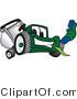 Vector Illustration of a Green Cartoon Lawn Mower Mascot Holding out a Blue Telephone by Mascot Junction