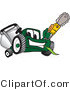 Vector Illustration of a Green Cartoon Lawn Mower Mascot Holding up a Saw by Mascot Junction