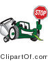 Vector Illustration of a Green Cartoon Lawn Mower Mascot Holding up a Stop Sign by Mascot Junction