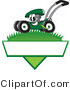 Vector Illustration of a Green Cartoon Lawn Mower Mascot Mowing Grass over a Blank White Label by Mascot Junction