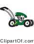 Vector Illustration of a Green Cartoon Lawn Mower Mascot Passing by and Eating Grass by Toons4Biz