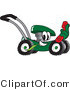 Vector Illustration of a Green Cartoon Lawn Mower Mascot Passing by and Holding out a Red Telephone by Mascot Junction