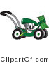 Vector Illustration of a Green Cartoon Lawn Mower Mascot Passing by and Waving a Dollar Bill by Mascot Junction