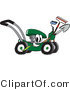 Vector Illustration of a Green Cartoon Lawn Mower Mascot Passing by While Carrying Garden Tools by Toons4Biz