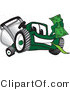 Vector Illustration of a Green Cartoon Lawn Mower Mascot Waving a Dollar Bill by Mascot Junction