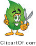Vector Illustration of a Green Leaf Mascot Holding a Pair of Scissors by Mascot Junction