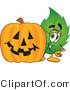 Vector Illustration of a Green Leaf Mascot with a Halloween Pumpkin by Mascot Junction