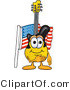 Vector Illustration of a Guitar Mascot Pledging Allegiance to an American Flag by Mascot Junction
