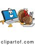 Vector Illustration of a Happy Cartoon PC Computer Mascot Behind a Shocked Thanksgiving Turkey Bird on a Weight Scale by Toons4Biz