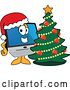 Vector Illustration of a Happy Cartoon PC Computer Mascot Wearing a Santa Hat by a Christmas Tree by Mascot Junction