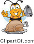 Vector Illustration of a Honey Bee Mascot Holding the Lid to a Platter with a Thanksgiving Turkey on It by Mascot Junction