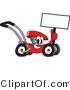 Vector Illustration of a Red Cartoon Lawn Mower Mascot Holding up a Blank Sign While Passing by by Mascot Junction