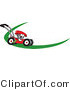 Vector Illustration of a Red Cartoon Lawn Mower Mascot on a Logo or Nametag with a Green Dash by Mascot Junction