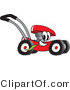 Vector Illustration of a Red Cartoon Lawn Mower Mascot Passing by and Chewing on a Blade of Grass by Mascot Junction