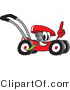 Vector Illustration of a Red Cartoon Lawn Mower Mascot Passing by and Pointing up by Mascot Junction